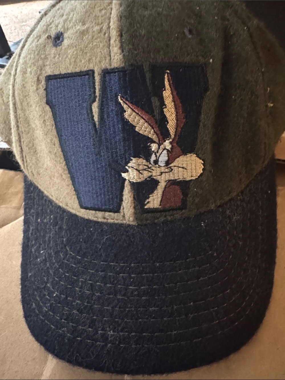 Disney Warner Bros. Wile E. Coyote Olive Green and Navy Wool Baseball Cap